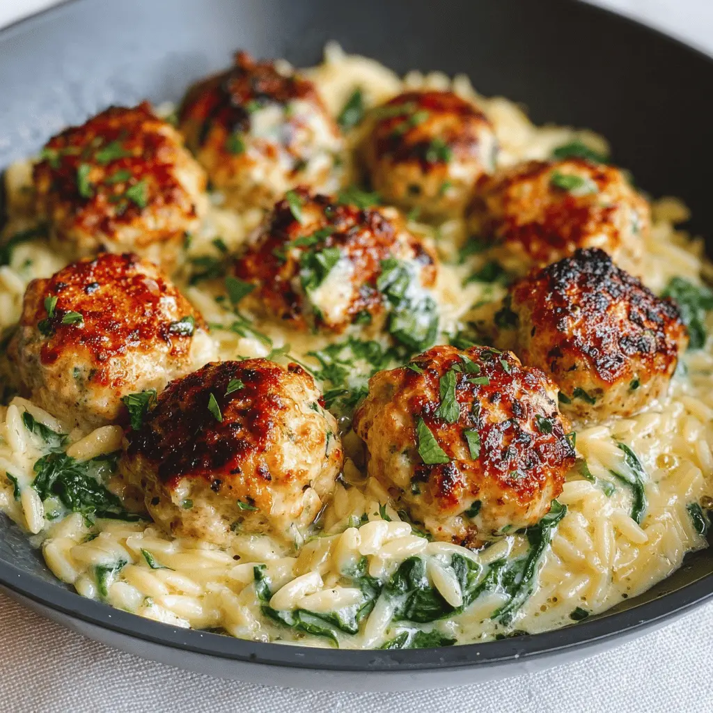 Baked Chicken Ricotta Meatballs: Indulgent Creamy Spinach Orzo