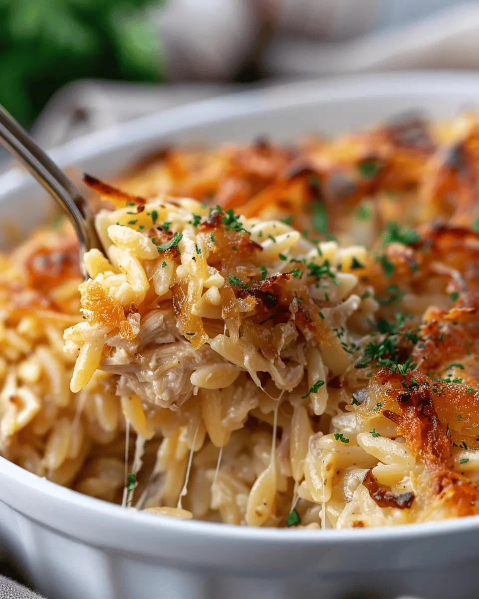 French Onion Chicken Orzo Casserole with Turkey Bacon Delight