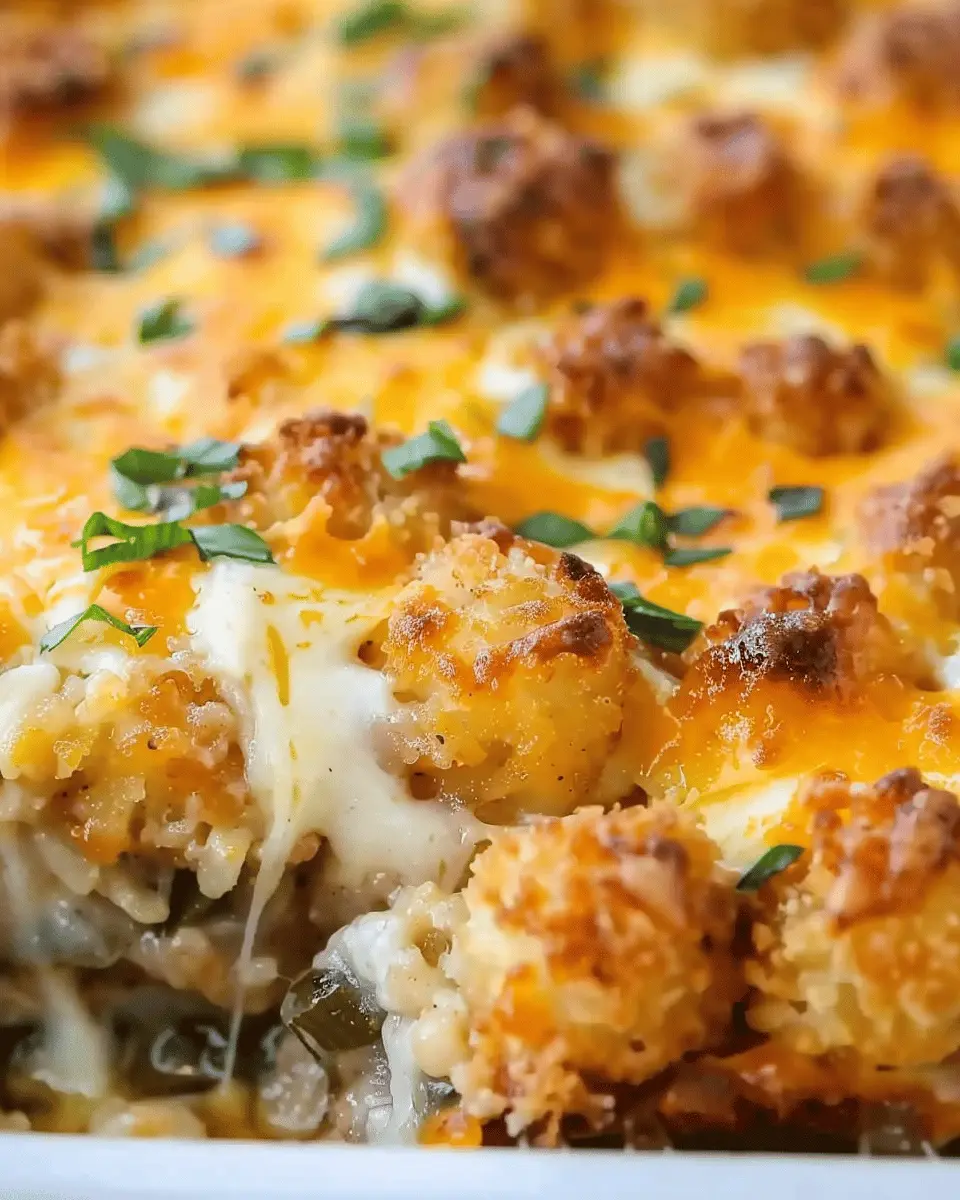 Cheesy Tater Tot Casserole with Turkey Bacon and Chicken Ham Delight
