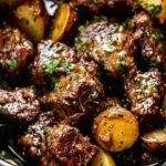crockpot garlic butter beef bites with potatoes