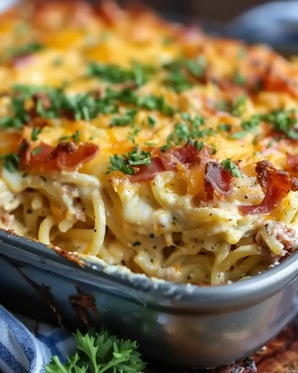 Creamy Southern Spaghetti Bake with Turkey Bacon and Chicken Ham