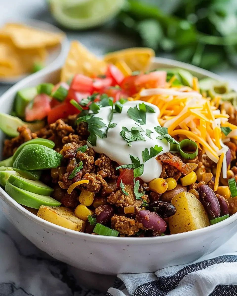 Loaded Potato Taco Bowl with Turkey Bacon and Chicken Ham Delight