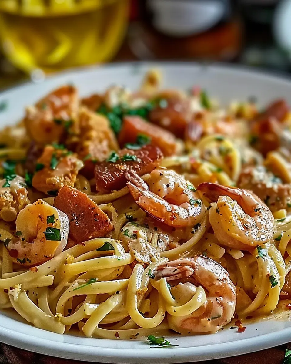 Delicious Pappadeaux Mardi Gras Pasta with Turkey Bacon and Chicken Ham