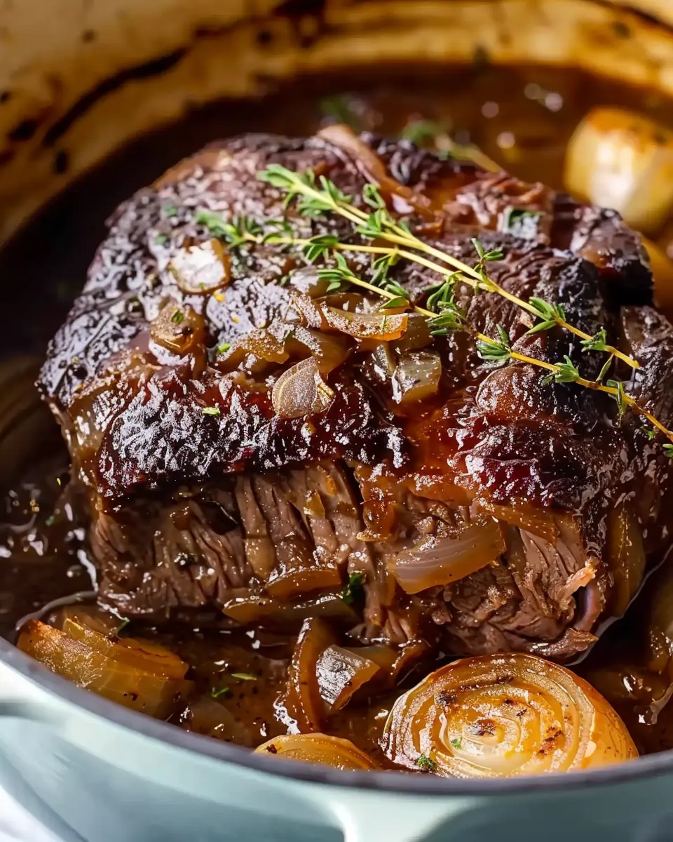Comforting French Onion Pot Roast with Tender Turkey Bacon Goodness