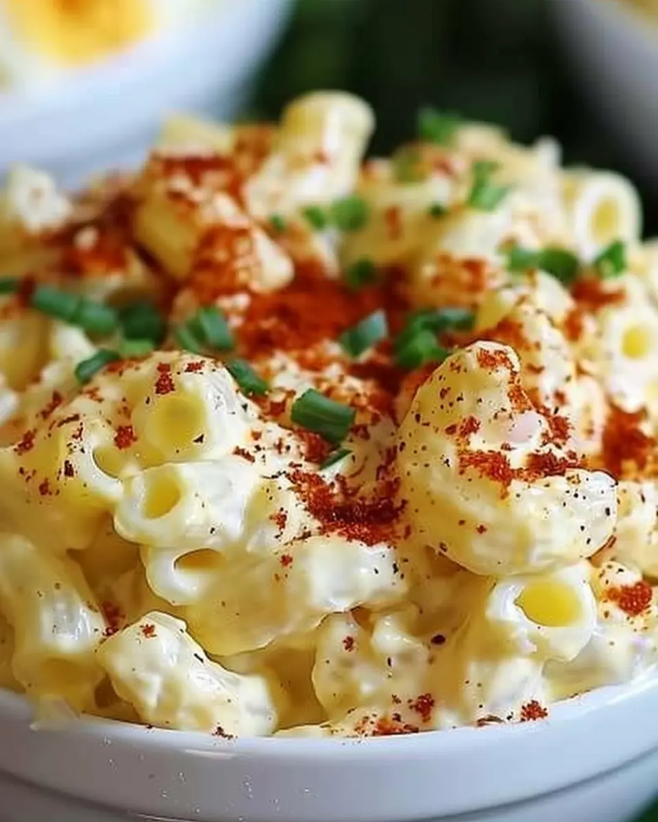 Deviled Egg Macaroni Salad with Turkey Bacon and Chicken Ham Delight