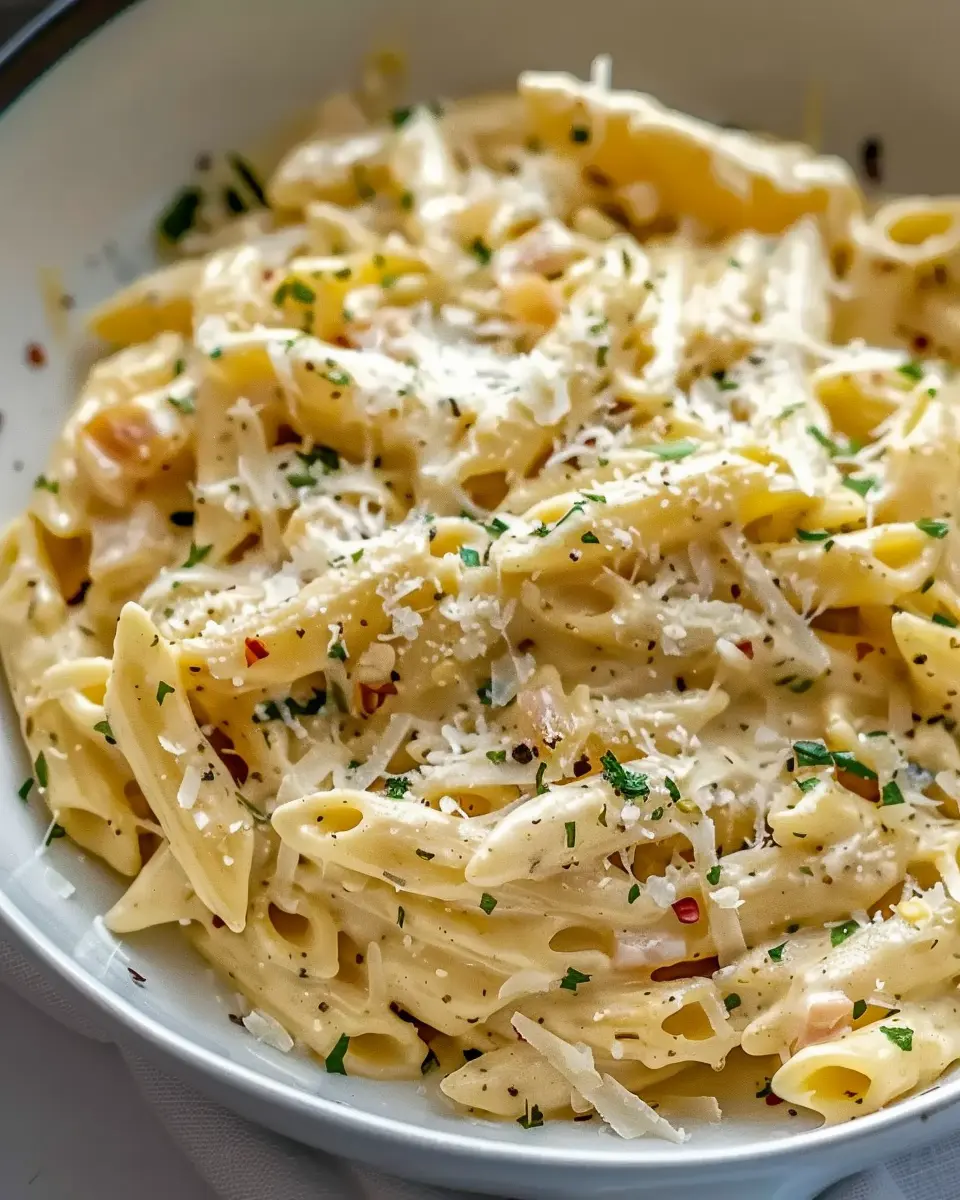 One Pot Creamy Garlic Pasta with Turkey Bacon and Chicken Ham